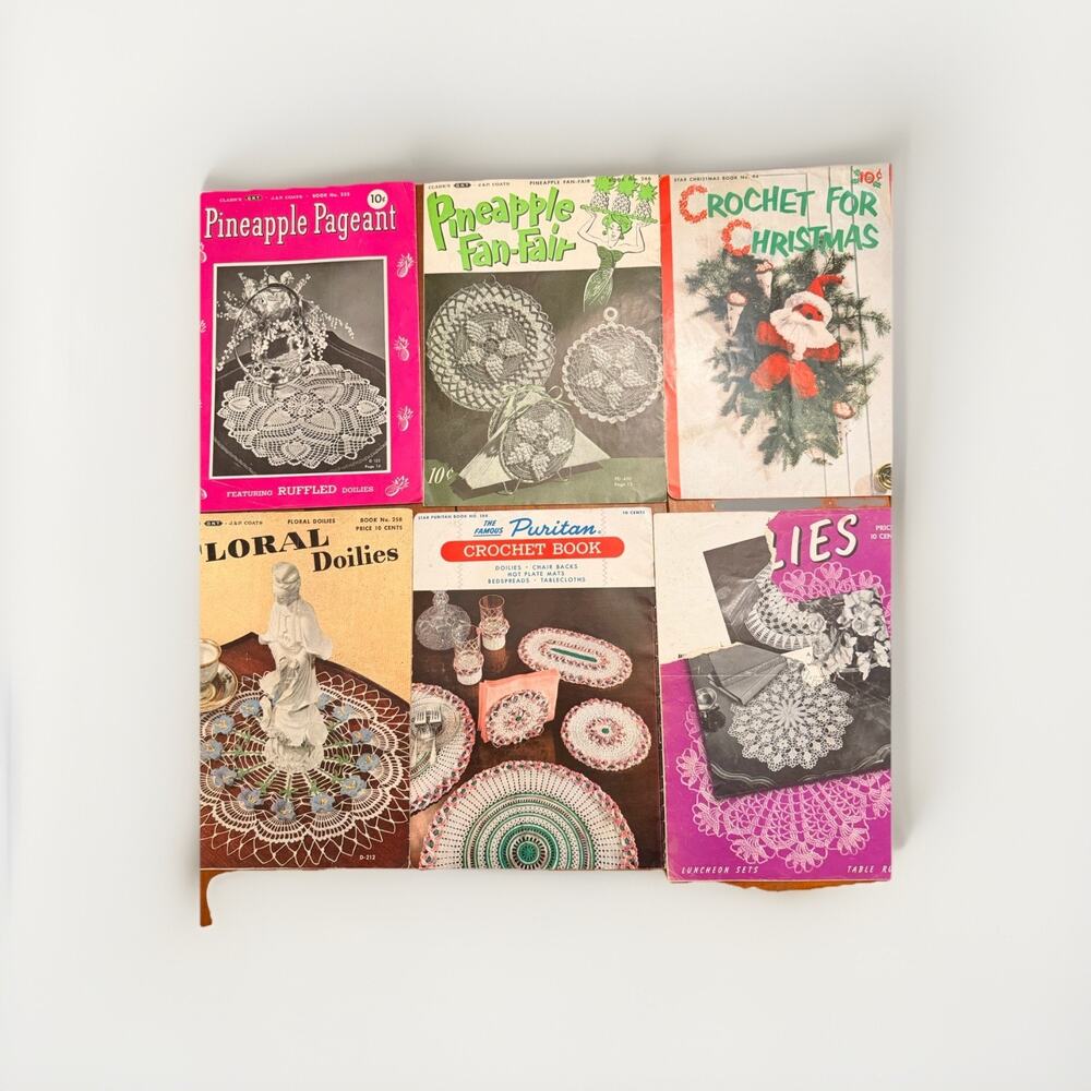 6 Vintage Crochet Pattern Booklets 1940s-50s Pineapple Doilies Christmas Star